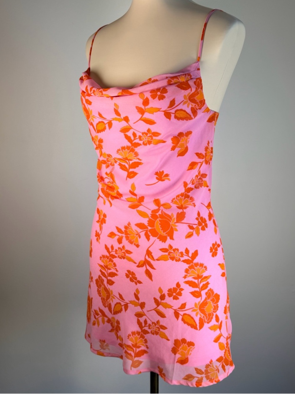 Altar'd State Pink and Orange Floral Cowl-Neck Slip Dress